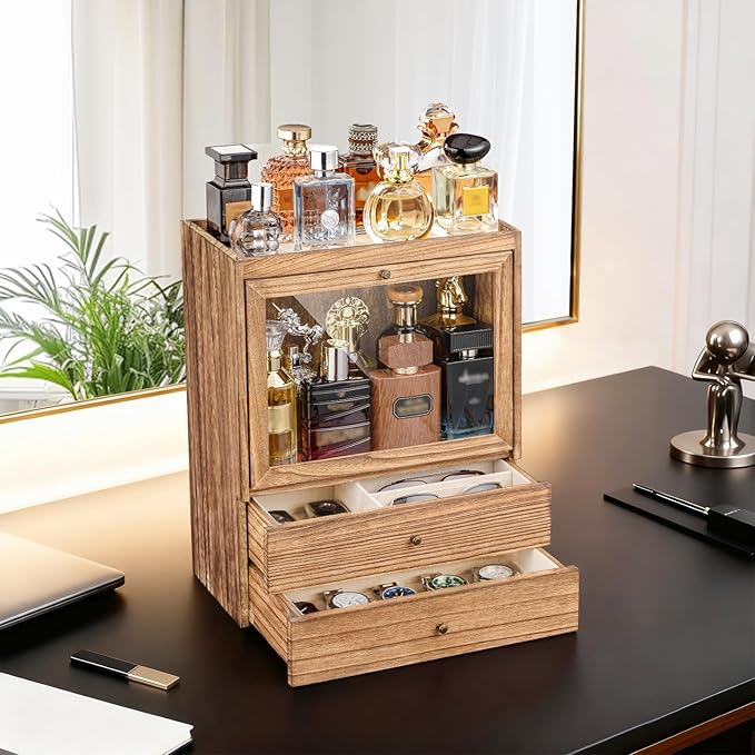 Emfogo Cologne Organizer, 4 Tier Vertical Wood Perfume Stand for Men, Large Capacity Dustproof Perfumes Organizer Cologne Stand with Double Drawer Storage, Gift for Loved ones (Brown)