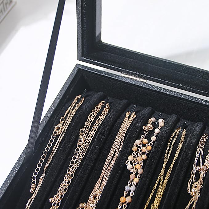 14 Hooks Necklace Storage Tray, Velvet Neckalce Organizer Box with Clear Lid, Pendant Chain Necklace Jewelry Organizer Drawer Tray for Women Girls (Black)