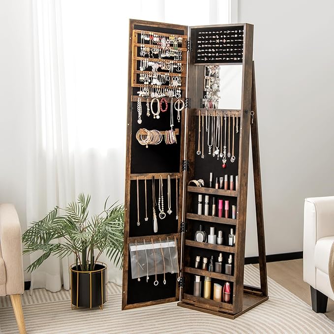 CHARMAID Jewelry Armoire with Full Length Mirror, Lockable Standing Jewelry Cabinet Organizer with Large Storage Capacity, Inside Makeup Mirror, Stable Base, Easy Assembly (Rustic Brown)