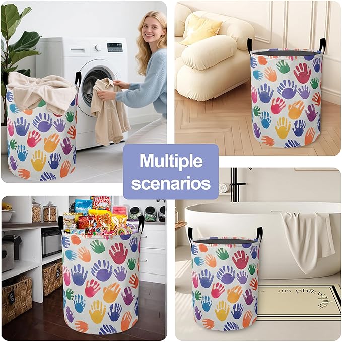 Laundry Basket,Cartoon Colorful Handprints Large Canvas Fabric Lightweight Storage Hamper Organizer Dirty Clothes Collapsible Waterproof for College Dorms,Bathroom
