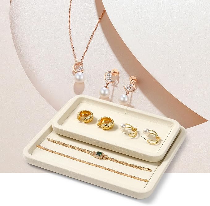 Oirlv Microfiber Jewelry Display Tray Jewelry Display Flat Tray for Rings Earrings Necklace Bracelet Jewelry Photograph Display Catchall （S,Creamy-White）