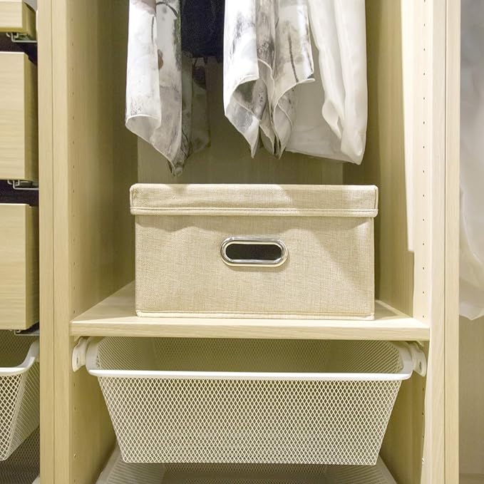 Collapsible Fabric Storage Box with Lid and Handles, Linen Storage Containers, Nursery Storage Basket for Gifts, Books, Magazines, CDs, Kids Toys, Clothes, Underwear, Makeup, 13" x 9.4" x 7", Beige