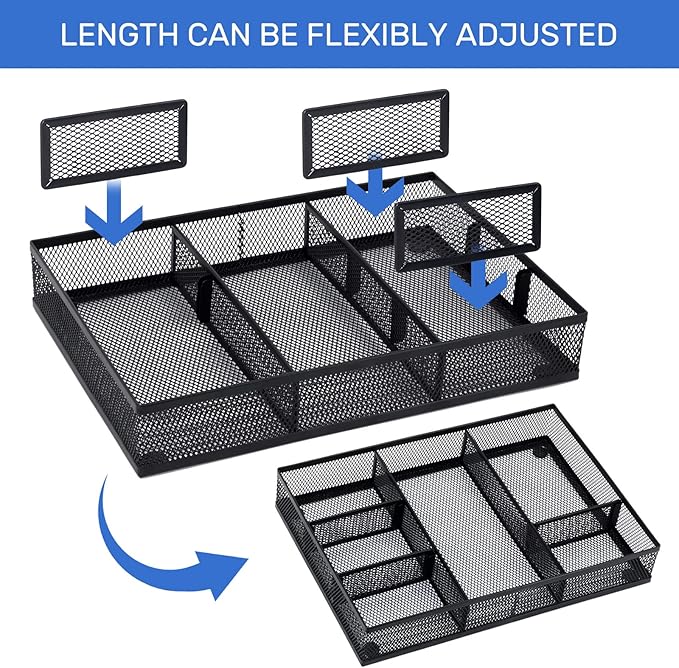 Neudeco Desk Drawer Organizer with 6 Adjustable Dividers, Metal Pen organizer for desk drawer,Mesh Office Desk Drawer Organizer Tray for office supplies (Pack 4, Black)
