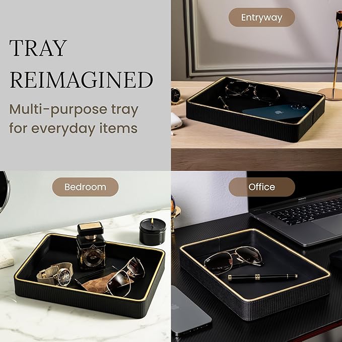ZHEM Leather Catchall Valet Tray for Men| Mens Valet Catch All Trays| Bedside Organizer for Nightstand| Cologne Tray for Men| Desk Trays (Black)
