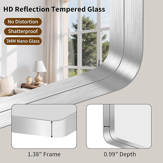 FORBATH 60x36 Inch Large Bathroom Mirror for Double Sinks, Brushed Silver Deep Frame Wall Mirror with Rounded Corners, Anti-Rust Tempered Glass for Modern Farmhouse Vanity (Horizontal/Vertical)