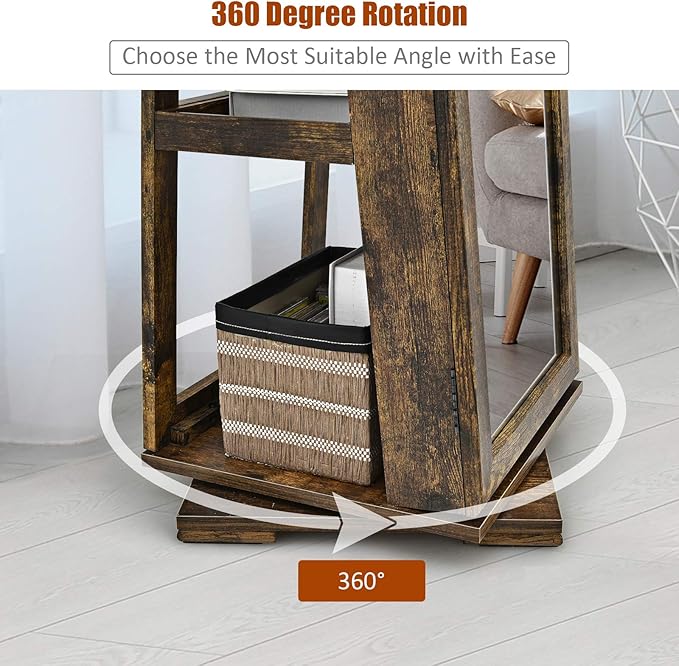 CHARMAID 360° Swivel Jewelry Armoire with Higher Full Length Mirror, Standing Lockable Jewelry Cabinet Organizer, Large Storage Capacity, Inside Makeup Mirror, Back Storage Shelves (Rustic Brown)