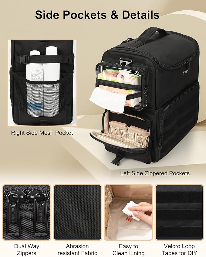 Relavel Rolling Makeup Train Case, Cosmetology Case on Wheels with 4 Clear Bags, Professional Makeup Artist Set Bags Cosmetic Storage Organizer with Adjustable Dividers, 360° Spinner Wheels, Black