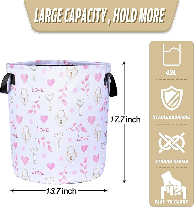 Love Cylinder Key Laundry Basket Pink Heart Foldable Oxford Cloth Tote Bag Laundry Hamper Clothes Storage Bucket Organizer For Bathroom/Laundry Storage/Bedroom 17.7x13.7Inch