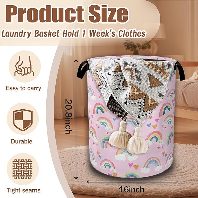 Boho Rainbow Groovy Laundry Basket, Laundry Hamper Waterproof Oxford Cloth Tote Collapsible,Clothes Storage Bucket Decorative Toy Organizer For Bathroom Bedroom 16" x 20.8"