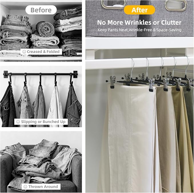 30 Pack Pants Hangers with Clips, 12 Inch Adjustable Skirt Hangers, Space Saving Non-Slip Clip Hangers with 360° Swivel Hook for Jeans, Shorts, Socks, Scarves