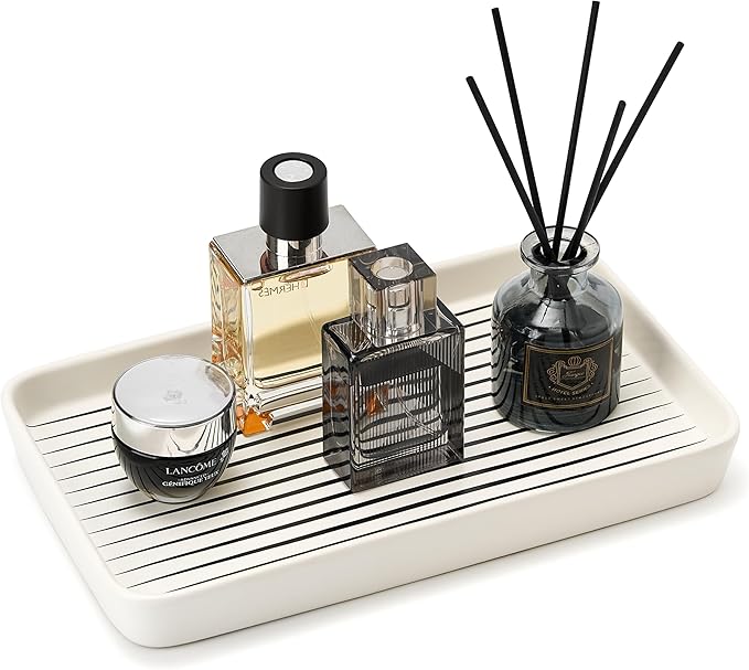 10"×6"×1" White Bathroom Vanity Tray for Countertop- Ceramic Decorative Organizer Tray for Dresser Tops, Toilet, Perfume, Sponge Holder Soap Dish Dispenser for Kitchen Counter- Black Stripes