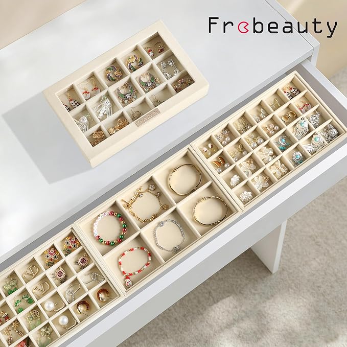 Frebeauty Stackable Jewelry Trays with Lid,Velvet Earring Organizer Tray,5-in-1 Jewelry Organizer for Drawer Vanity Dresser,Jewelry Storage for Studs Bracelets,10.5 x 6.5 x 5.55 Inches,Gift for Women