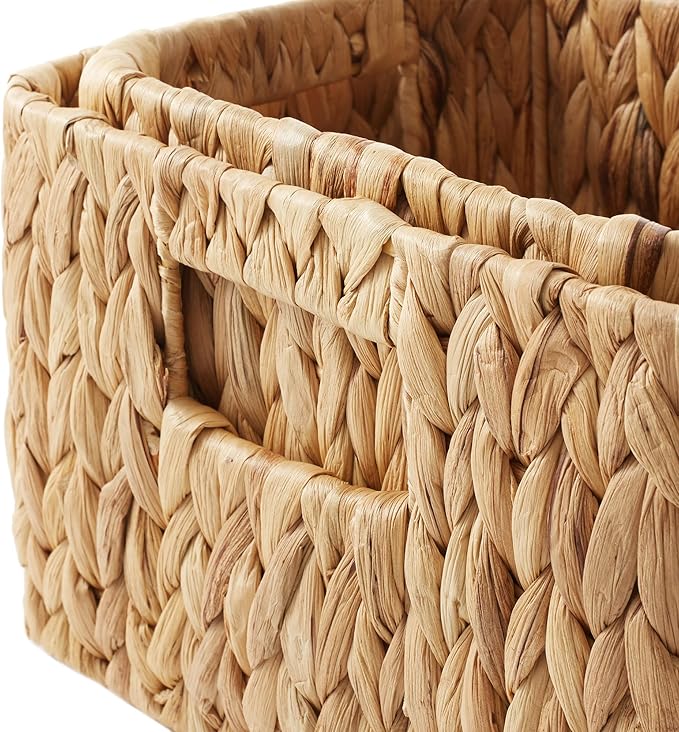 Casafield Set of 3 Water Hyacinth Storage Baskets for Shelves - 1-Large, 2-Small Woven Organizers with Handles for Bathroom, Laundry, Pantry, Office
