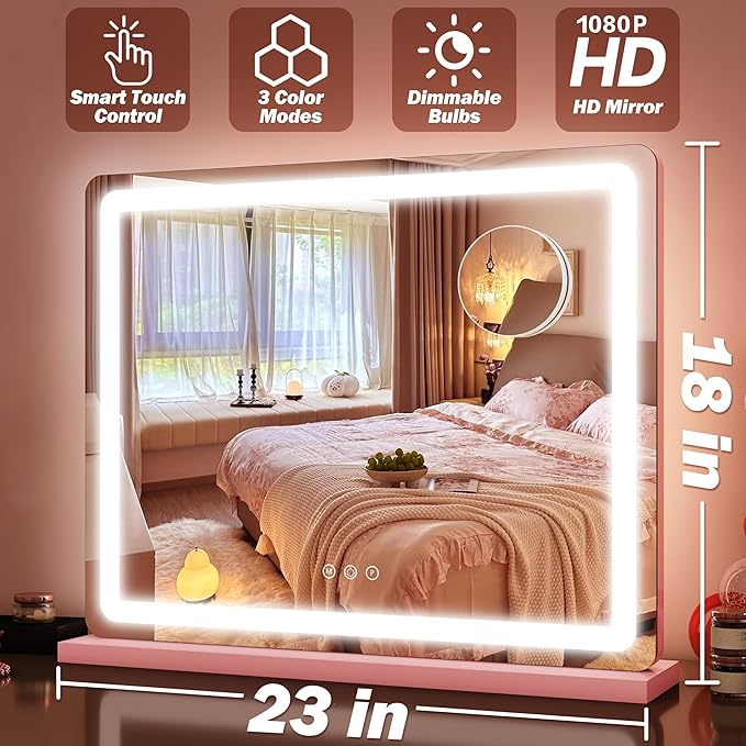 FENNIO 23" x 18" Vanity Mirror with Lights，LED Makeup Mirror，Hollywood Mirror with 3 Color Modes & Adjustable Brightness，Vanity Mirror Pink