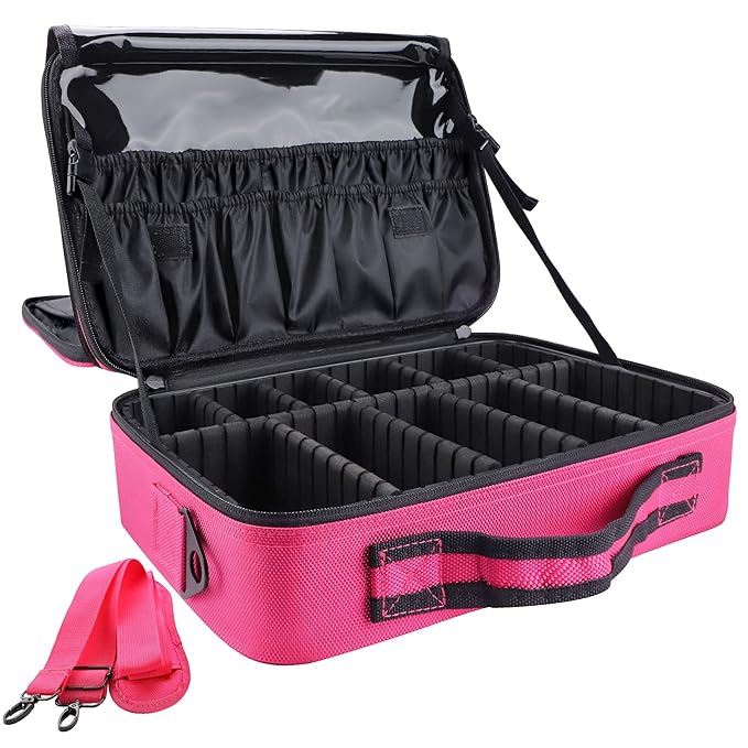 gzcz Travel Makeup Bag,Professional Cosmetic Bags for Women,Portable Makeup Brush Case Organizer Storage with Adjustable Dividers and Shoulder Strap (Medium)
