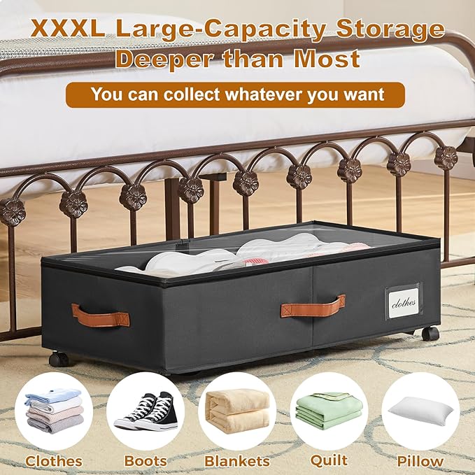 Under Bed Storage Containers with Wheels 9.5 inches Higher Under Bed Storage XXXL Underbed Shoes Blankets Clothes Storage Organizer 2 Pack Under the Bed Storage for College Dorms Bedroom Nursery Rooms