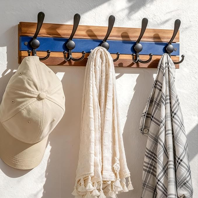 SKOLOO Rustic Wall Mounted Coat Rack - 16-7/8" Long Coat Hooks for Wall with 5 Triple Hooks for Hanging Coats, Hats or Tools, Western National Parks Collection, Wood Brown & Blue, Pack of 2