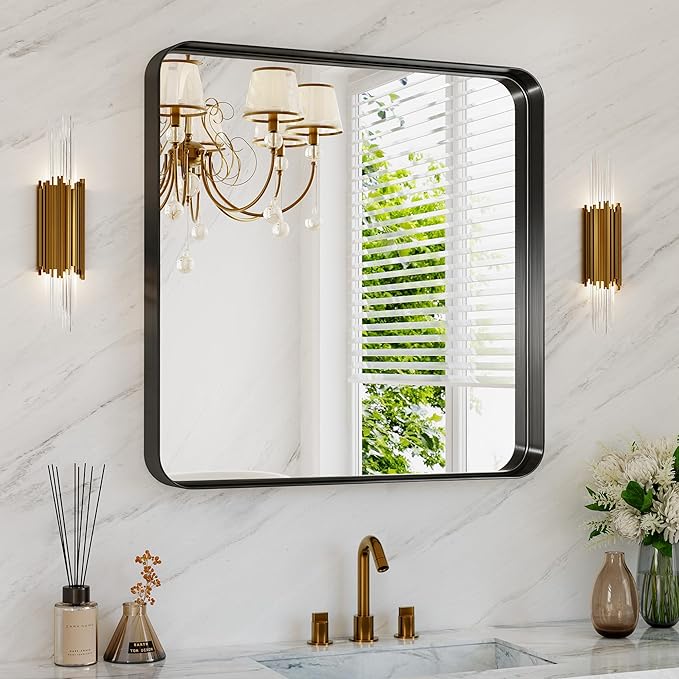 Bathroom Mirror for Wall, 30 Inch Square Mirror, Matte Black Metal Framed Square Vanity Mirror for Bathroom Bedroom Living Room Entryway, Anti-Rust, Tempered Glass, Hanging or Leaning