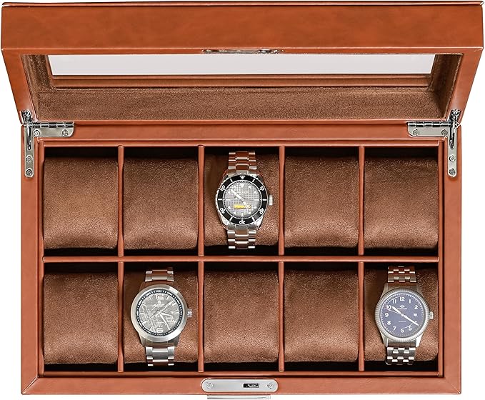 ROTHWELL 10 Slot Leather Watch Box - Luxury Case Display Jewelry Organizer - Locking Watch Display Case Holder with Large Glass Top - Box Organizer for Men and Women (Tan/Brown)