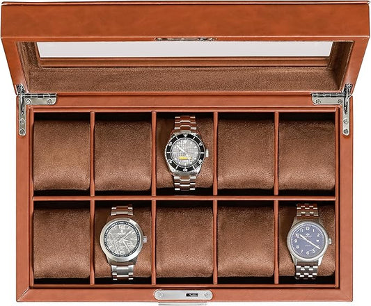 ROTHWELL 10 Slot Leather Watch Box - Luxury Case Display Jewelry Organizer - Locking Watch Display Case Holder with Large Glass Top - Box Organizer for Men and Women (Tan/Brown)