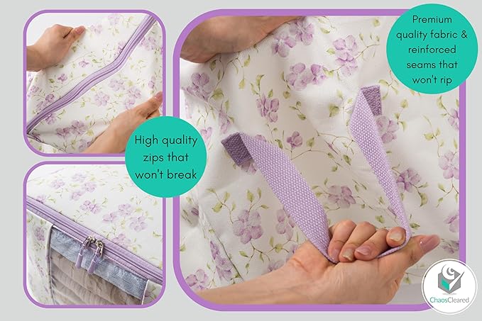Canvas Storage Bags 2 Pack Designer Organizer bags for Clothes, sweaters, clothing, garments, quilt, linens, large folding organizers with zip & window, moth proof space saver Purple floral Print