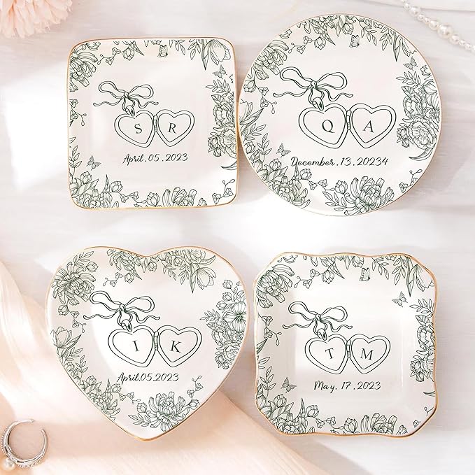 Chillever Custom Locked Ring Dish, Personalized Jewelry Holder, Toile De Jouy Trinket Tray, Engagement Gift for Her, Wedding Keepsake Jewelry Dish, Memorial Gifts, Custom Couple Keepsake 6