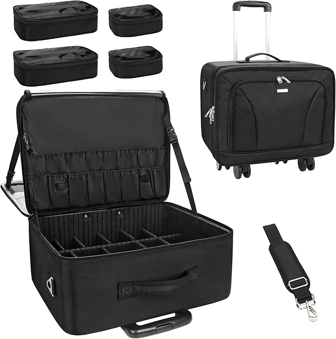 MONSTINA Rolling Makeup Train Case, Cosmetology Case on Wheels Makeup Artist Bag Hairstylist Cosmetic Bag with 4 Bags Extra Large Makeup Bag with Wheels Trolley Cosmetic Organizer Storage Case