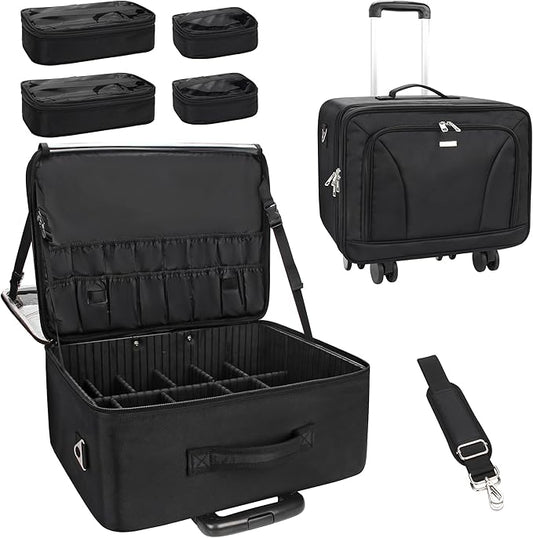 MONSTINA Rolling Makeup Train Case, Cosmetology Case on Wheels Makeup Artist Bag Hairstylist Cosmetic Bag with 4 Bags Extra Large Makeup Bag with Wheels Trolley Cosmetic Organizer Storage Case