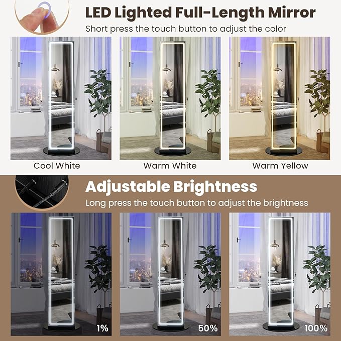 CHARMAID 360° Rotating Jewelry Armoire with LED Lighted Full Length Mirror & Built-in Vanity Mirror, Lockable Standing Jewelry Cabinet with Lights, Large Storage Organizer for Jewelry (Black)