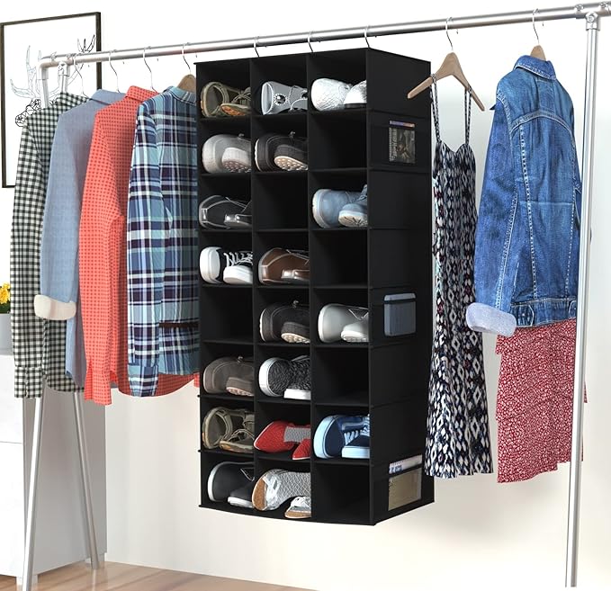 coastal rose Hanging Shoe Organizer for Closet, 24 Sections Shoe Holder Hanger Rack, Space-Saving Shoe Organizers and Storage, Black