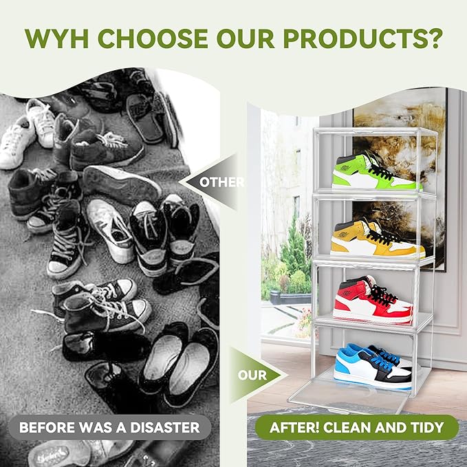 1 Pack Shoe Display Case Plastic Shoe Storage Box with Magnetic Acrylic Door Size 12.5, Transparent Sneaker Boxes Shoe Rack Substitute Closet Organizers Storage Bins, Easy Assembly