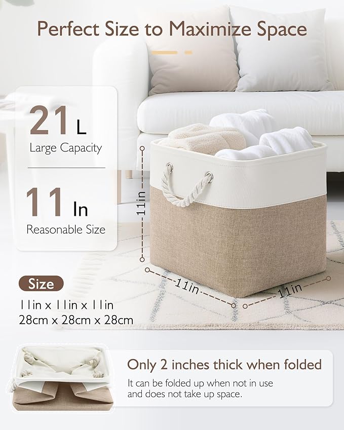 11 Inch Storage Cubes 4-Pack, Foldable Fabric Organizer Bins with Rope Handles, Cube Storage Baskets for Closet Shelves and Home Organization(White/Khaki)