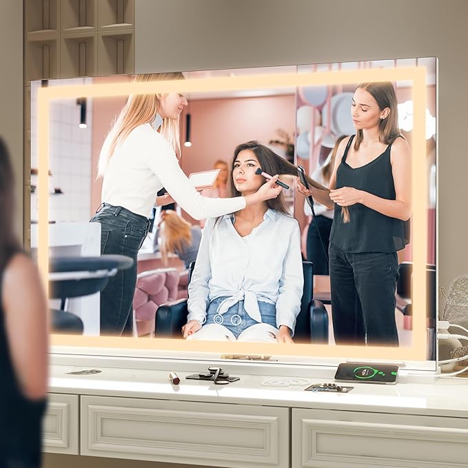 FENNIO Large Vanity Mirror with Lights，35.5" x 27" LED Makeup Mirror，Hollywood Mirror with 3 Color Modes & Adjustable Brightness，Vanity Mirror Square White