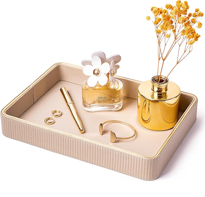 ZHEM Perfume Tray Valet Tray Night Stand Bedside Organizer| Perfume Organizer Catchall| Perfume Trays for Dresser Vanity Tray for Dresser Countertop| Perfume Holder (Beige 8"x11"x1.75")