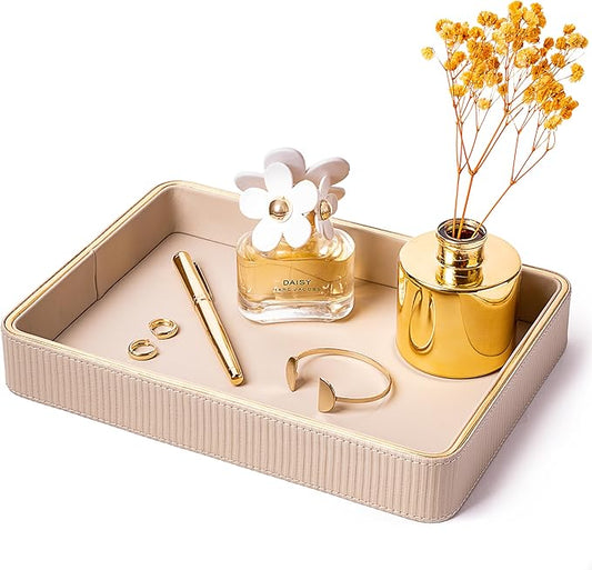 ZHEM Perfume Tray Valet Tray Night Stand Bedside Organizer| Perfume Organizer Catchall| Perfume Trays for Dresser Vanity Tray for Dresser Countertop| Perfume Holder (Beige 8"x11"x1.75")