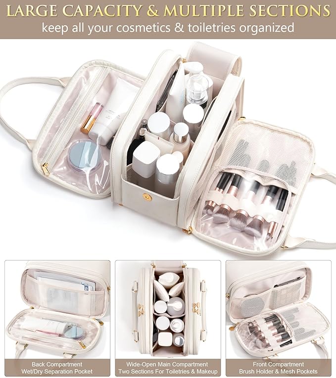 Travel Makeup Bag, Large Capacity Quilted Toiletry Bag for Women Stand-up Cosmetic Bag Open Flat Make Up Case Organizer Portable Pouch Purse w/Handle for Traveling Accessories Ivory White