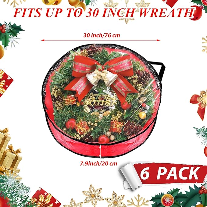 6 Pack Wreath Storage Container, 30" Wreath Storage Bag, Plastic Bag Storage Comforter Storage Bag with Sturdy Handles for Holiday Seasonal Wreath, Red