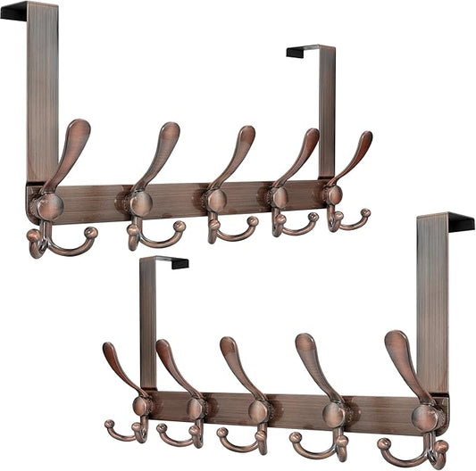 Dseap Over Door Hook 2.0 - Upgraded Version - Simple-Assembly, Strong, Heavy-Duty Stainless Steel 5-Tri-Hook Over The Door Hanger Rack, SimpleStrong Series, Antique Copper, Pack of 2