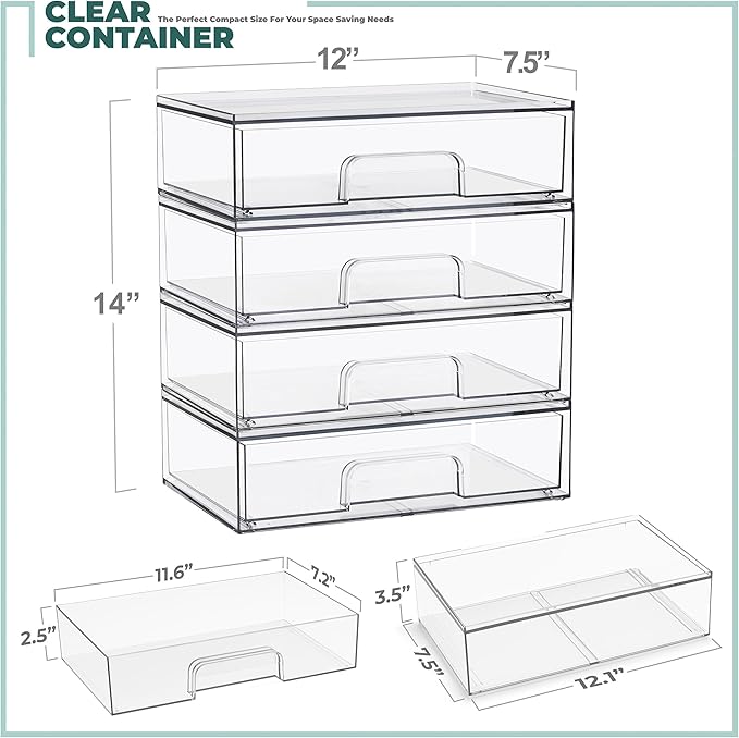 Sorbus Wide Stackable Acrylic Storage Drawers, 4 Pack Clear Plastic Organizer Bins for Baby Bottles, Makeup, Bathroom, Vanity &Countertop Organization, Pull-Out Drawer Design for Cabinets & Pantry