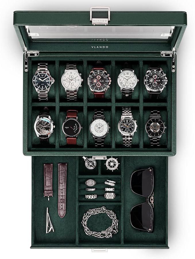 Vlando Watch Box for 10 slot, Lockable Watch Case with Textured Leather, 2 Layer Watch Holder for Rings, Bracelets, Glasses, Glass Lid, Removable Divider, Gift for Fathers, Husband, Friend, Dark Green