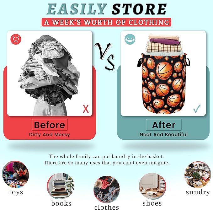 Funny Basketball Laundry Basket With Handles Oxford Cloth Tote Bag Colorful Laundry Hamper 18.9"x16.5" Foldable Clothes Storage Bucket Toy Organizer For Bathroom/Laundry/Bedroom