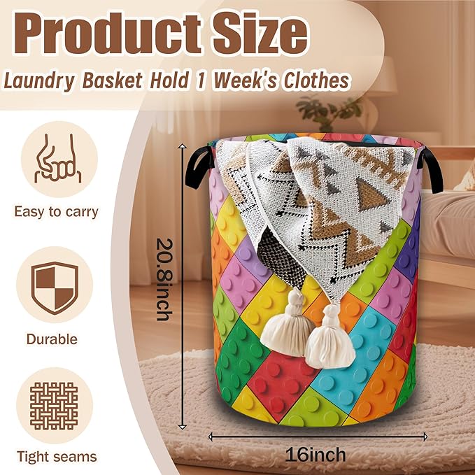 Colorful Building Blocks Laundry Basket,Waterproof Foldable Laundry Hamper,Dirty Clothes Baskets, Linen Bin Storage Organizer Collection 16" x 20.8"