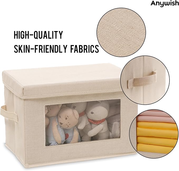 3-Pack Storage Bins with Lids, Fabric Foldable Storage Bins with Soft Cord Handles, Canvas Storage Bin with Lid for Organizing Clothes, Blankets and Books, Beige