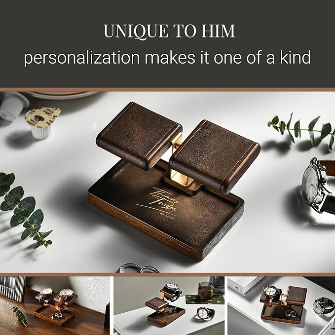 Wood Watch Organizer Tray with Dual Padded Display Stand – Elegant Valet Tray for Men – Premium Desk, Dresser & Nightstand Organizer for Watches, Rings & Accessories – Gift-Ready Design