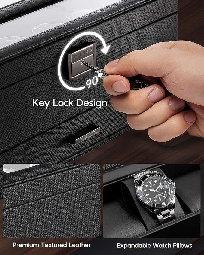 Vlando 6 Slots 2 Layers Watch Case for Men, Watch Box with Glass Lid, Lockable Watch Holder, Business Textured Leather Organizer Display Case, Soft Pillow, Gifts for Fathers, Dad, Husband - Black