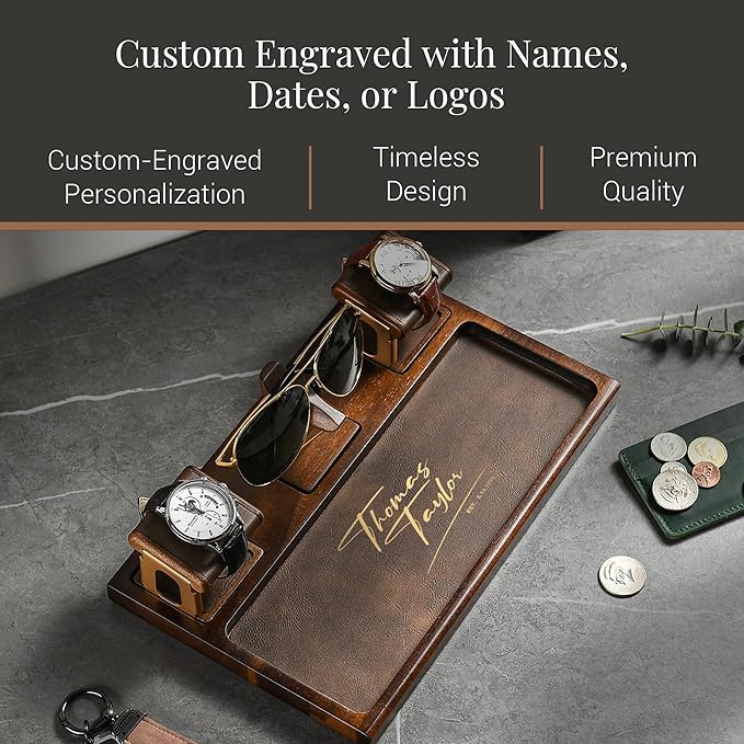 Shanik Engraved Men’s Valet Tray – Acacia Wood Catch All Organizer for Nightstand & Dresser Top, Custom Personalized Gift for Him, Groomsmen, Birthday, Father’s Day, Minimalist Men’s Storage Tray