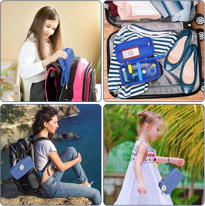 MGZNMTY Travel Carrying Case Compatible with Asthma Inhaler Spacer for Adults and Children, Masks, Inhaler Holder with Asthma Alert Tag and Medical Card, Carabiner (Only Case) (Blue)