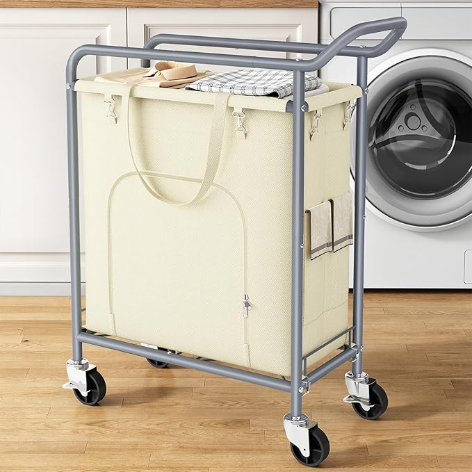 Laundry Basket with Wheels,114L Large Rolling Laundry Hamper, Heavy-Duty Laundry Cart Sturdy Metal Frame with Handle, Minimizes Bending Easy Access Clothing for Bedroom, Bathroom, Laundry Room (Beige)