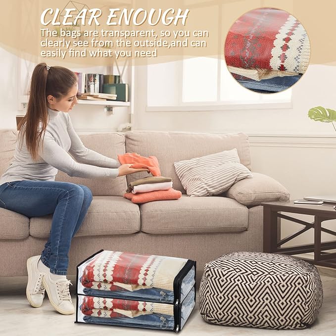 20 Pieces Clear Vinyl Zippered Storage Bags 15 x 11 x 4 Inch Sweater Storage Bags Plastic Bed Sheet Organizer for Blanket Closet Clothing Linen Sweater Clothes Pillow