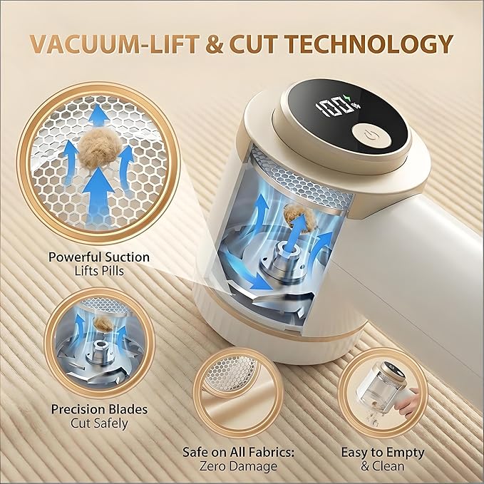 Rechargeable Fabric Shaver for Clothing with Smart LED Display, 2026 New 2 in 1 Suction and Shave Technology Clothes Shaver, Lint Shavers with 3 Speeds for Clothes, Couch, Furniture (C)